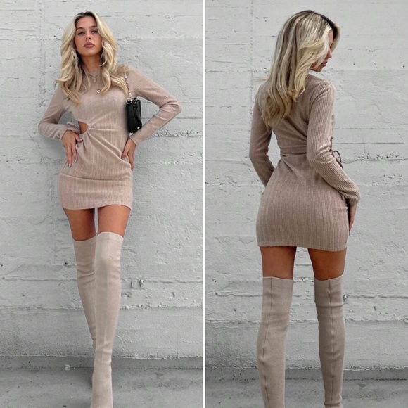 Dresses & Skirts - Ribbed Cutout Mini Sweater Dress in Khaki